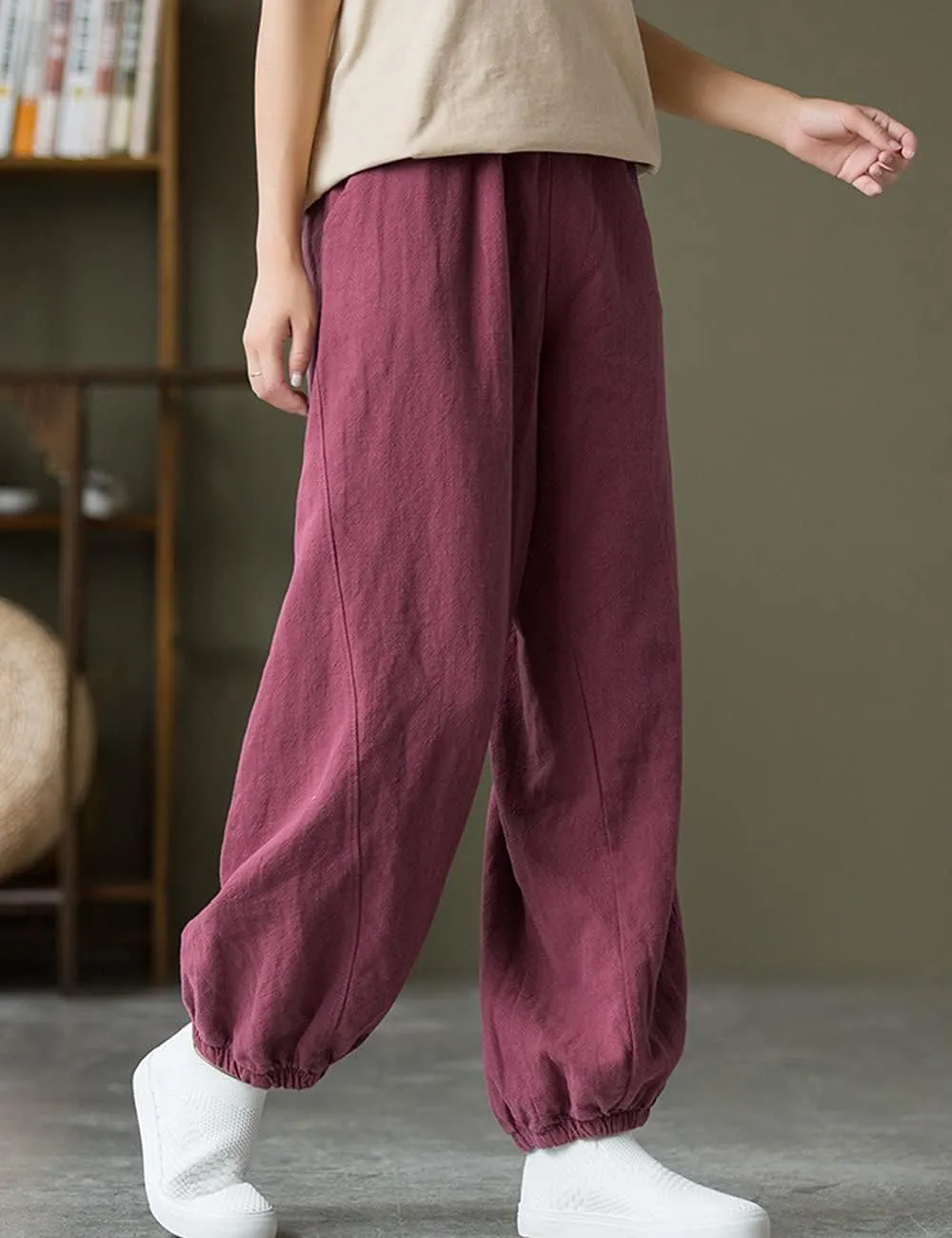 NFYM Women Cotton Linen Pants Elastic Waistband Wide Leg Tapered Harem Long Bloomer Trousers with Pockets