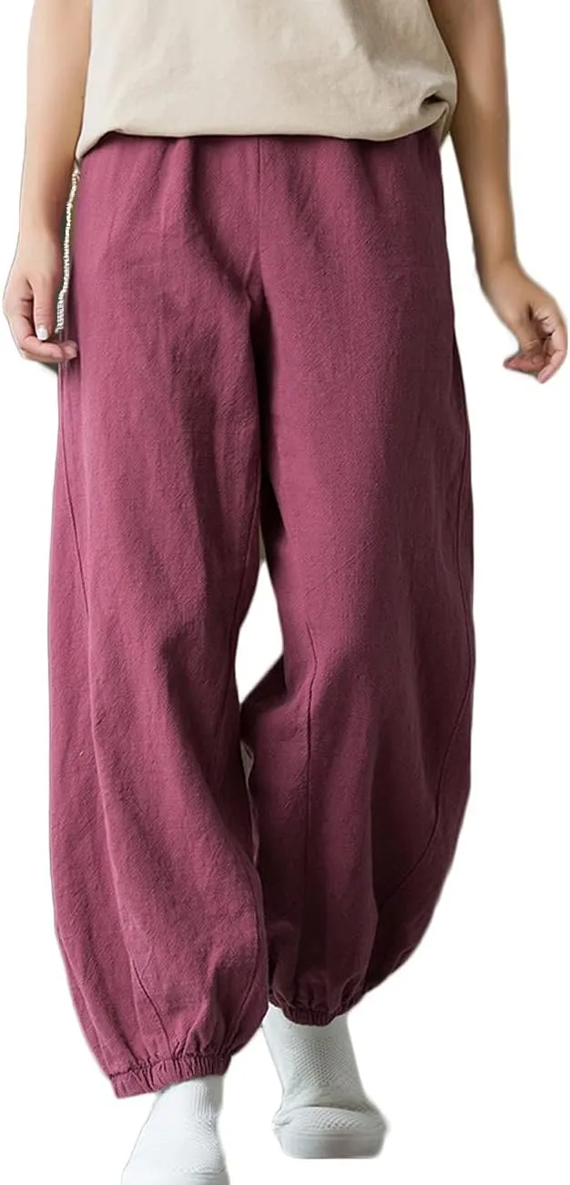 NFYM Women Cotton Linen Pants Elastic Waistband Wide Leg Tapered Harem Long Bloomer Trousers with Pockets