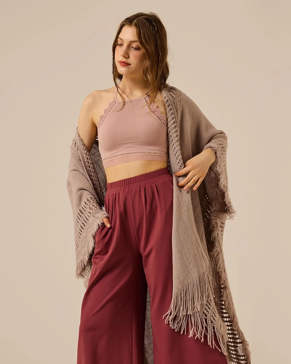 noflik Women's Boho Open Front Fringe Poncho Shawl Sweater Cardigan Long