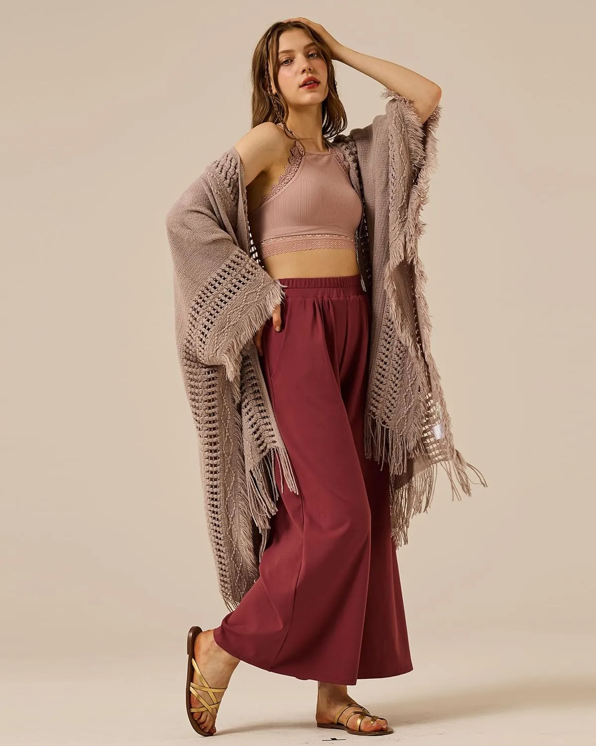 noflik Women's Boho Open Front Fringe Poncho Shawl Sweater Cardigan Long