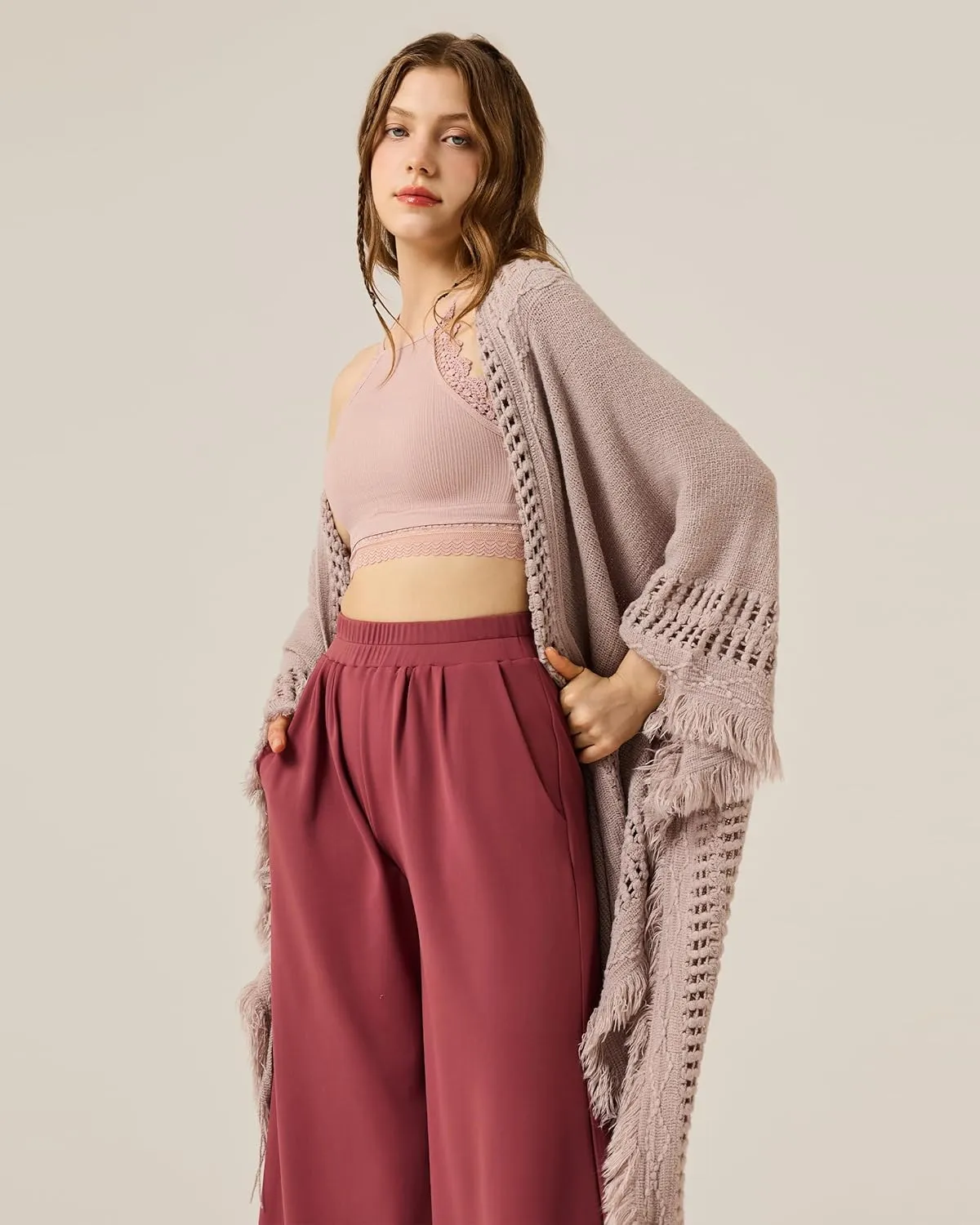 noflik Women's Boho Open Front Fringe Poncho Shawl Sweater Cardigan Long