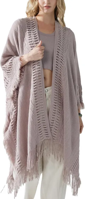 noflik Women's Boho Open Front Fringe Poncho Shawl Sweater Cardigan Long