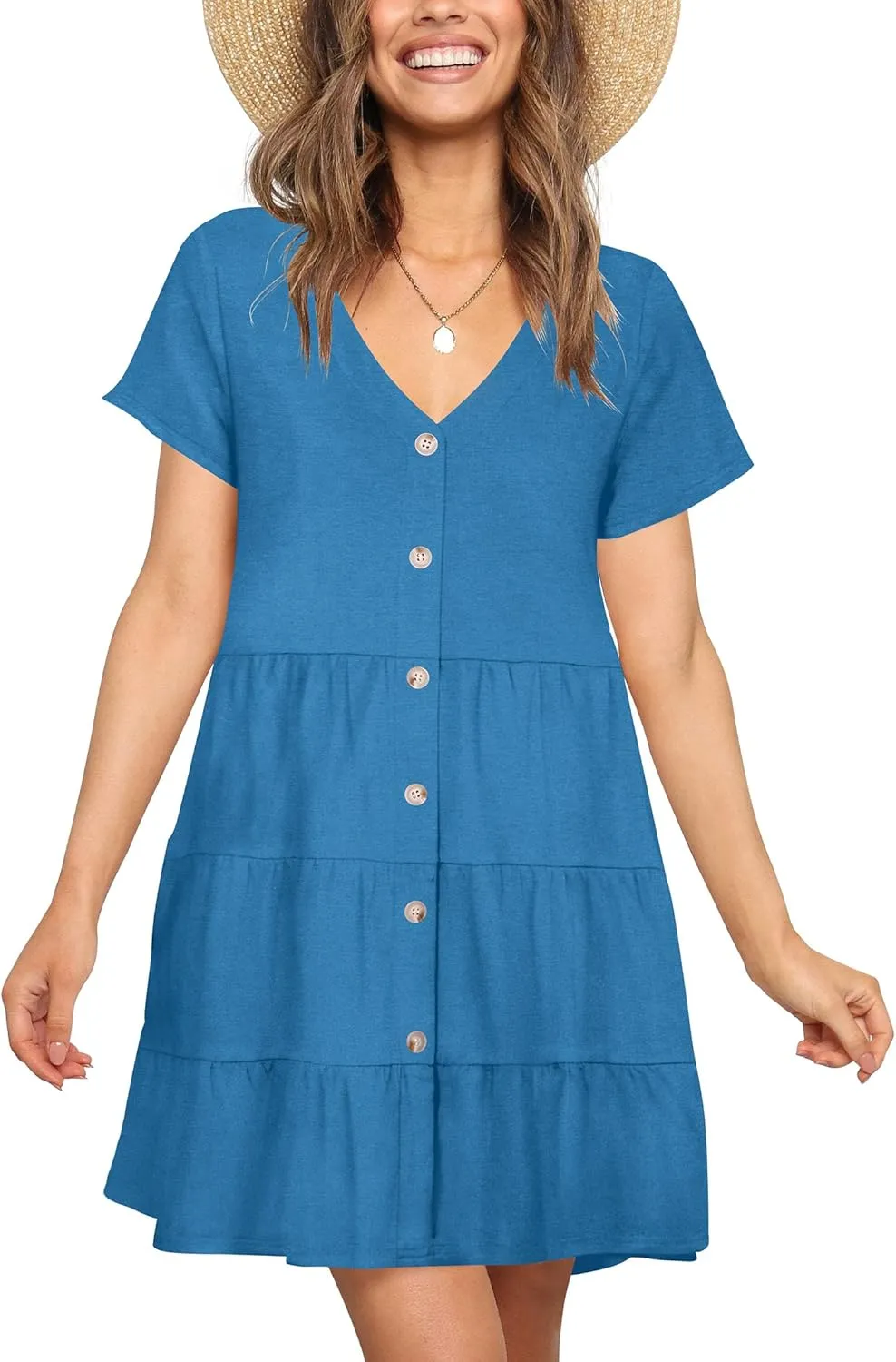 Nova In Sky Women's Summer Dresses 2025 Short Sleeve V-Neck Casual Loose Swing Button Down Casual T Shirt Dresses