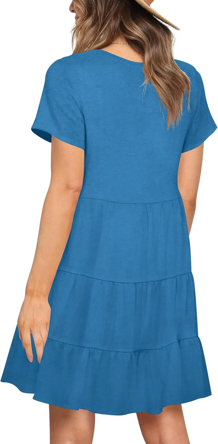 Nova In Sky Women's Summer Dresses 2025 Short Sleeve V-Neck Casual Loose Swing Button Down Casual T Shirt Dresses