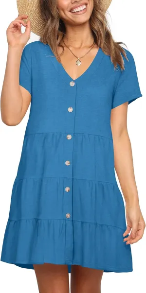 Nova In Sky Women's Summer Dresses 2025 Short Sleeve V-Neck Casual Loose Swing Button Down Casual T Shirt Dresses