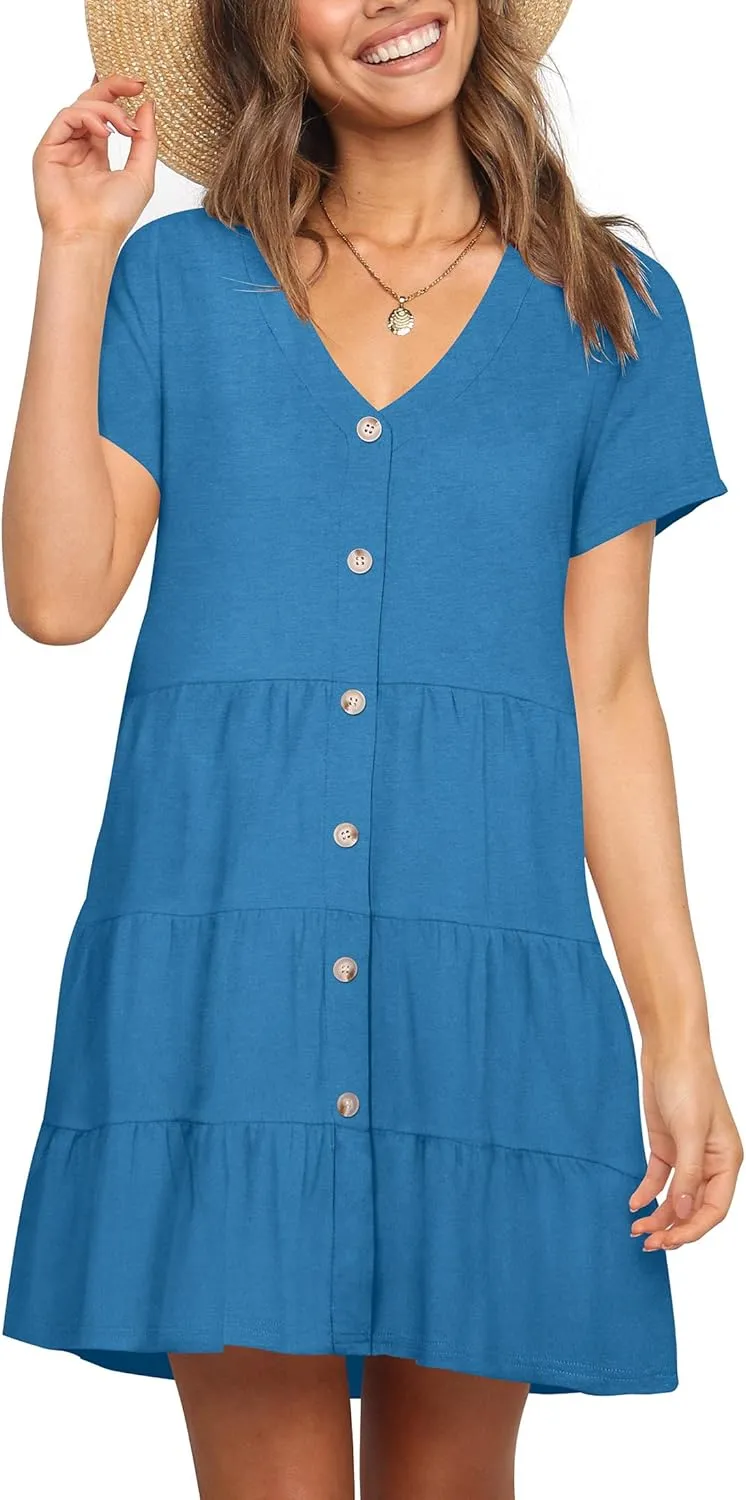 Nova In Sky Women's Summer Dresses 2025 Short Sleeve V-Neck Casual Loose Swing Button Down Casual T Shirt Dresses
