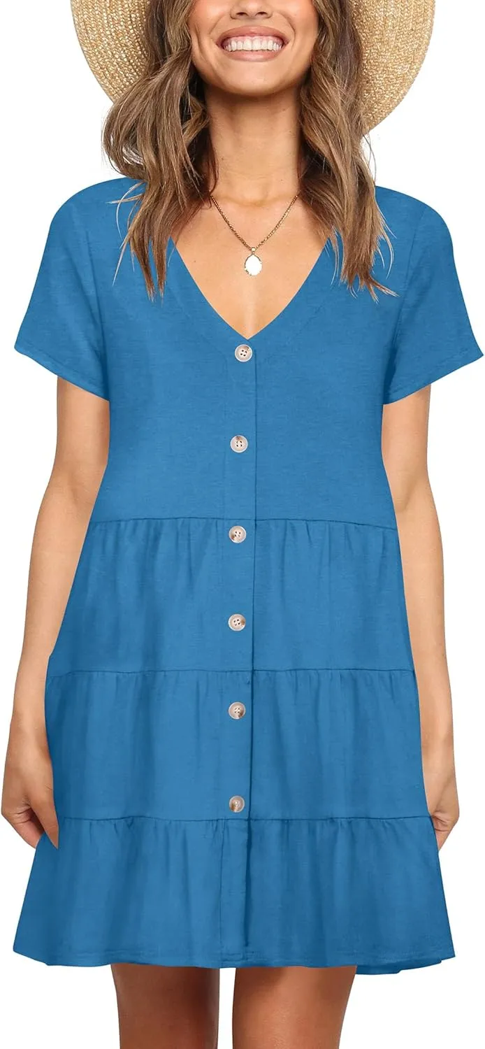 Nova In Sky Women's Summer Dresses 2025 Short Sleeve V-Neck Casual Loose Swing Button Down Casual T Shirt Dresses