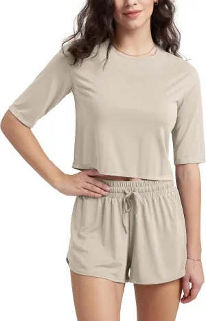 ODODOS Women's PeachSoft Relaxed Fit Cropped T-Shirt, Short Sleeve Crew Neck Casual Lounge Top