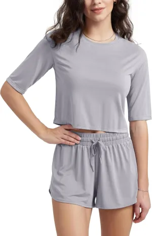 ODODOS Women's PeachSoft Relaxed Fit Cropped T-Shirt, Short Sleeve Crew Neck Casual Lounge Top