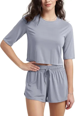 ODODOS Women's PeachSoft Relaxed Fit Cropped T-Shirt, Short Sleeve Crew Neck Casual Lounge Top