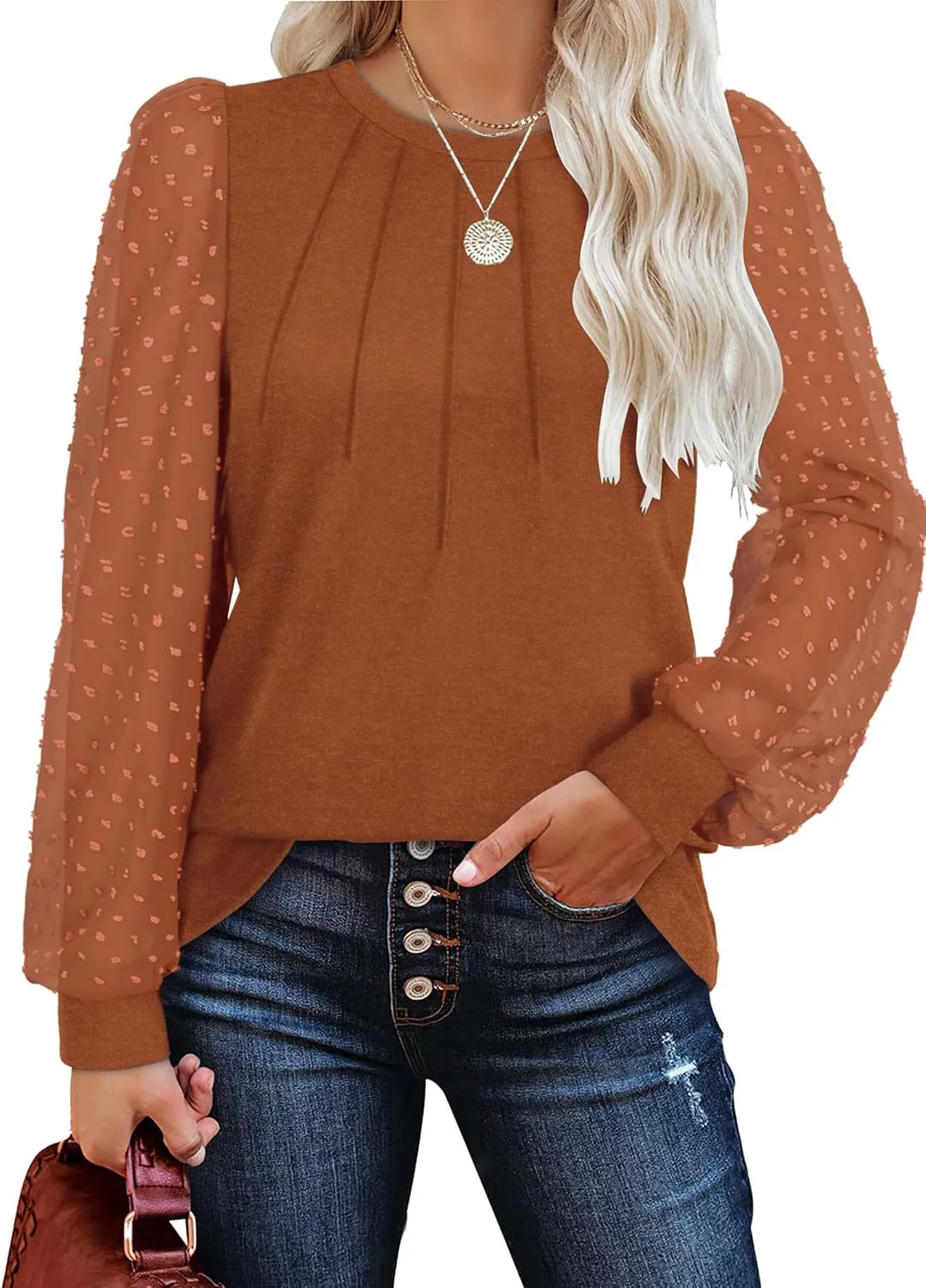 OFEEFAN Long Sleeve Shirts for Women Swiss Dot Puff Sleeve Pleated Fall Tunic Tops Crew Neck Dressy Casual Blouses