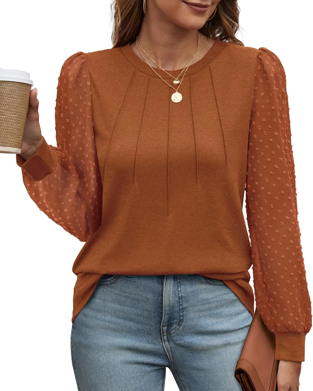 OFEEFAN Long Sleeve Shirts for Women Swiss Dot Puff Sleeve Pleated Fall Tunic Tops Crew Neck Dressy Casual Blouses