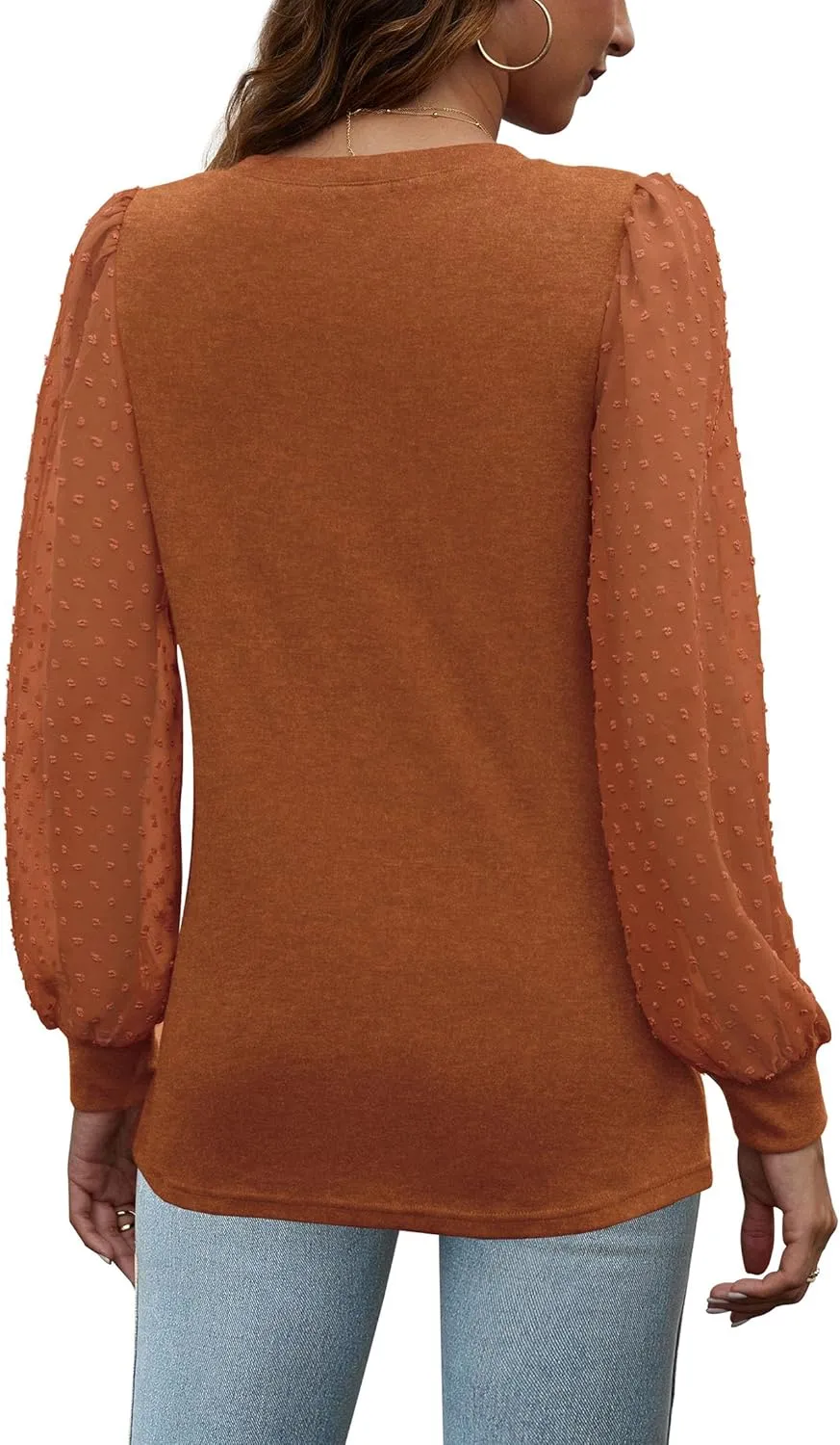 OFEEFAN Long Sleeve Shirts for Women Swiss Dot Puff Sleeve Pleated Fall Tunic Tops Crew Neck Dressy Casual Blouses
