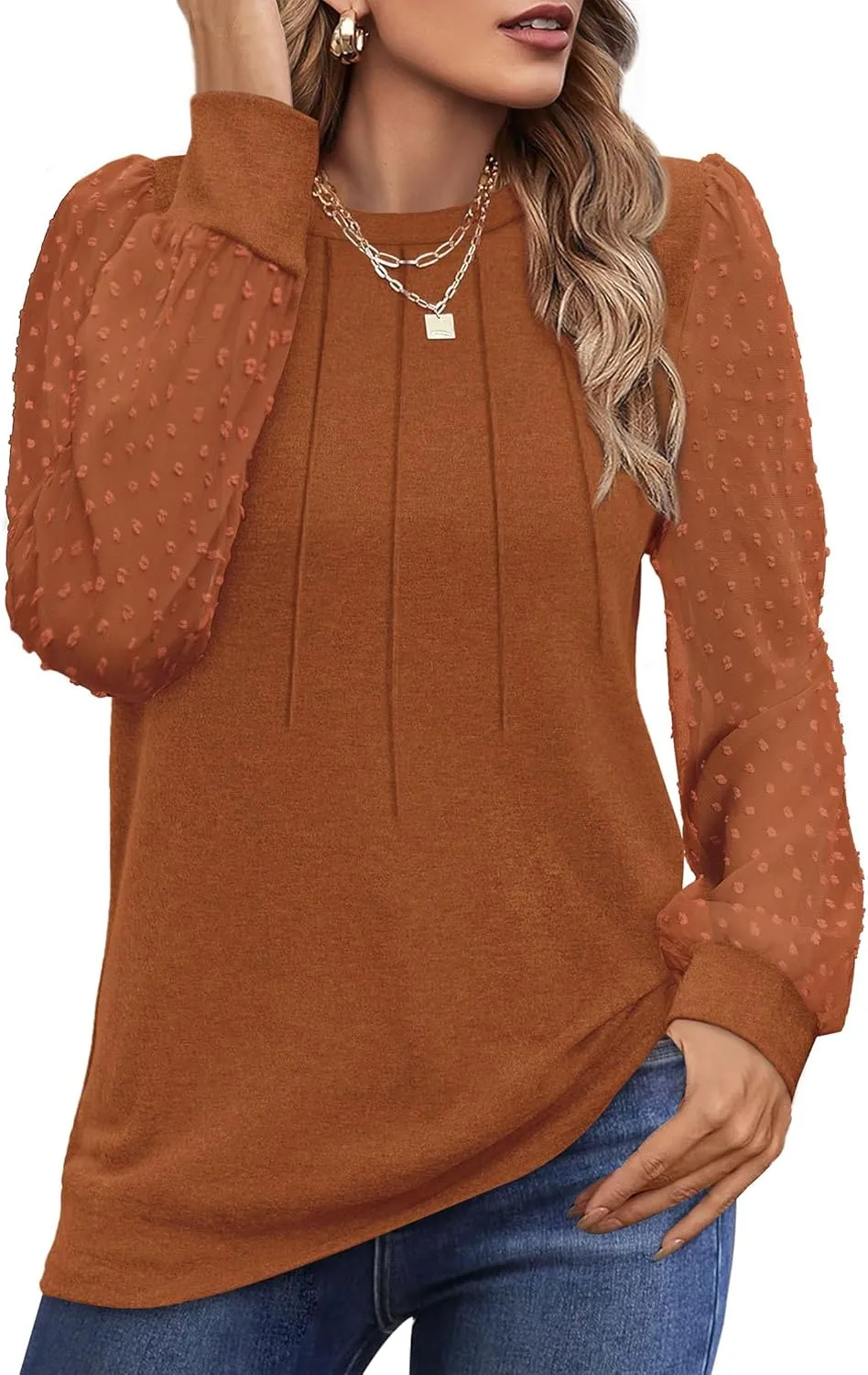 OFEEFAN Long Sleeve Shirts for Women Swiss Dot Puff Sleeve Pleated Fall Tunic Tops Crew Neck Dressy Casual Blouses