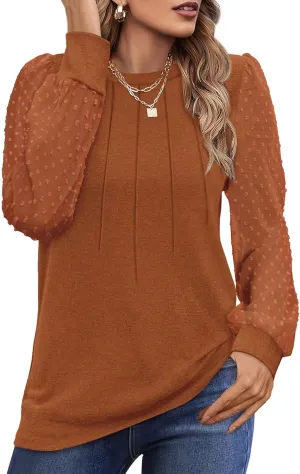 OFEEFAN Long Sleeve Shirts for Women Swiss Dot Puff Sleeve Pleated Fall Tunic Tops Crew Neck Dressy Casual Blouses