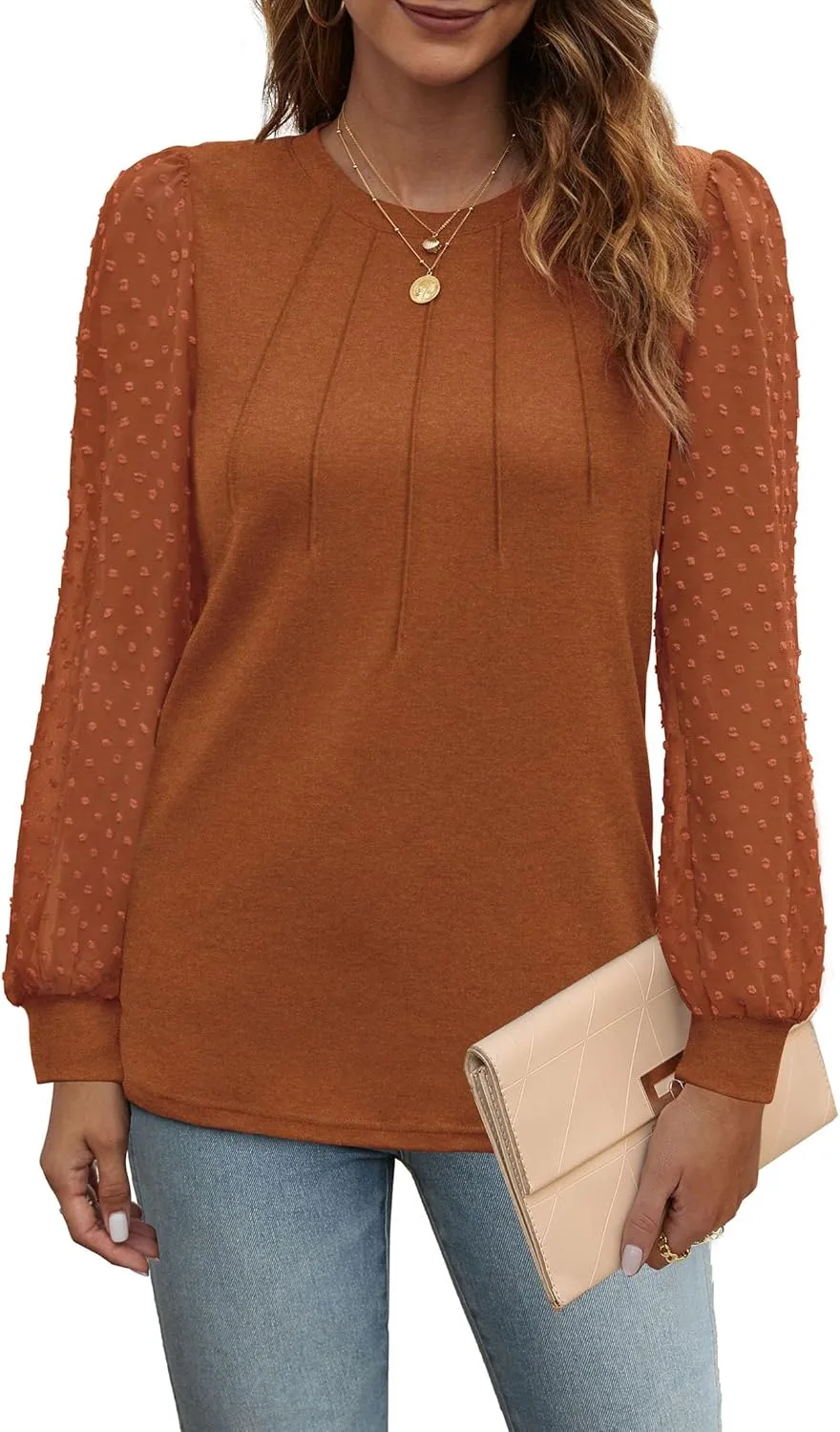 OFEEFAN Long Sleeve Shirts for Women Swiss Dot Puff Sleeve Pleated Fall Tunic Tops Crew Neck Dressy Casual Blouses