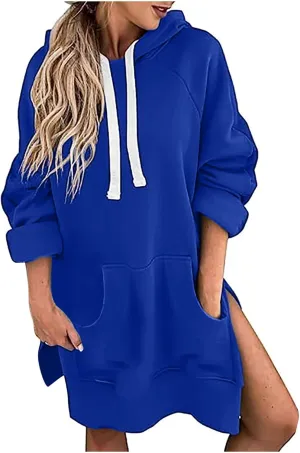 oiangi Hoodies for Women Pullover Fall Winter Trendy Oversized Long Sleeve Drawstring Side Slit Hem Sweatshirt Dress Pockets
