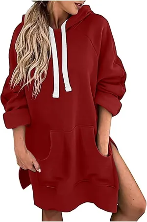 oiangi Hoodies for Women Pullover Fall Winter Trendy Oversized Long Sleeve Drawstring Side Slit Hem Sweatshirt Dress Pockets