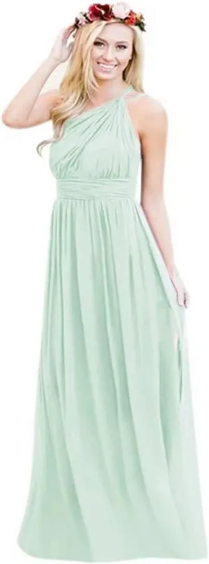 One Shoulder Bridesmaid Junior Dresses Chiffon Pleated Evening Gowns for WomenMint US6