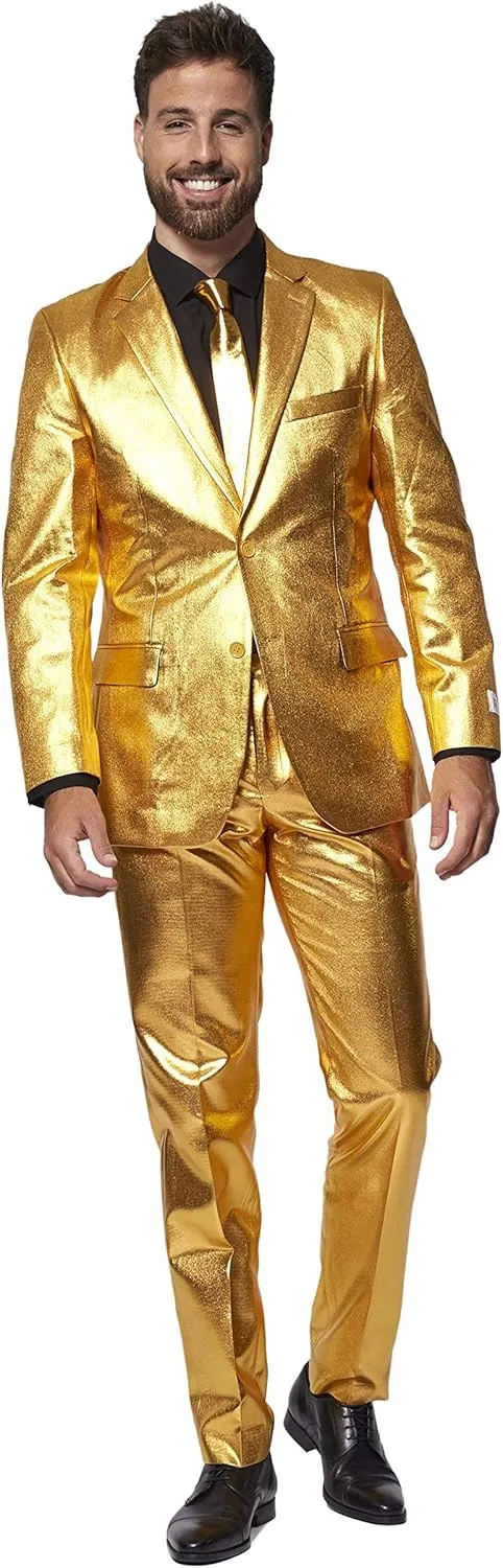 Opposuits Men's Gold Party Suit - New Years and Christmas Party Costume Metallic - Includes Matching Jacket, Pants & Tie