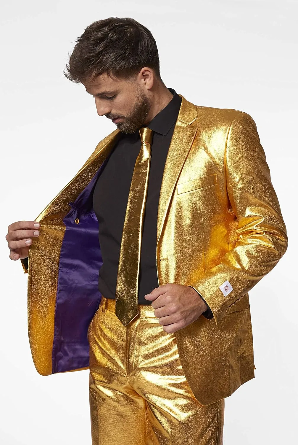 Opposuits Men's Gold Party Suit - New Years and Christmas Party Costume Metallic - Includes Matching Jacket, Pants & Tie