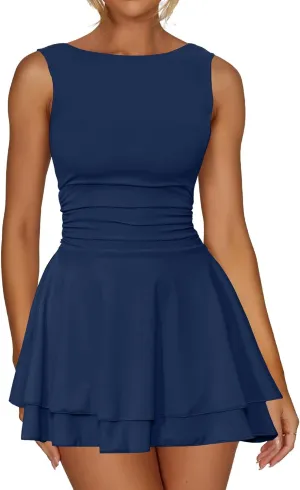 oten Women's Sleeveless Ruched Waist Tiered Flowy Ruffle Hem Mini Party Club Short Dresses