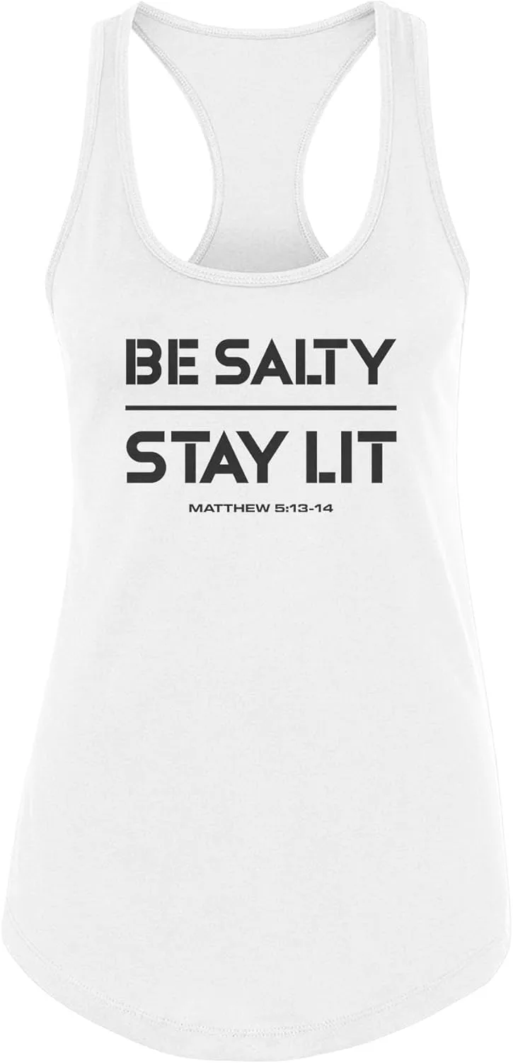 Our True God Be Salty Stay Lit Christian Women's Tanks - Relaxed Fit Casual Outfit Racerback Bible Quote Tank Tops for Womens
