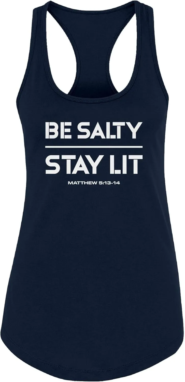 Our True God Be Salty Stay Lit Christian Women's Tanks - Relaxed Fit Casual Outfit Racerback Bible Quote Tank Tops for Womens