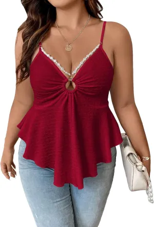 OYOANGLE Women's Plus Size Cami Casual Spaghetti Strap V Neck Asymmetrical Hem Tank Top