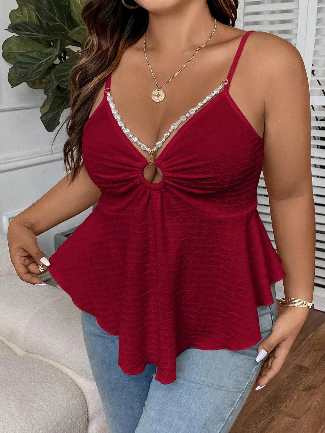 OYOANGLE Women's Plus Size Cami Casual Spaghetti Strap V Neck Asymmetrical Hem Tank Top