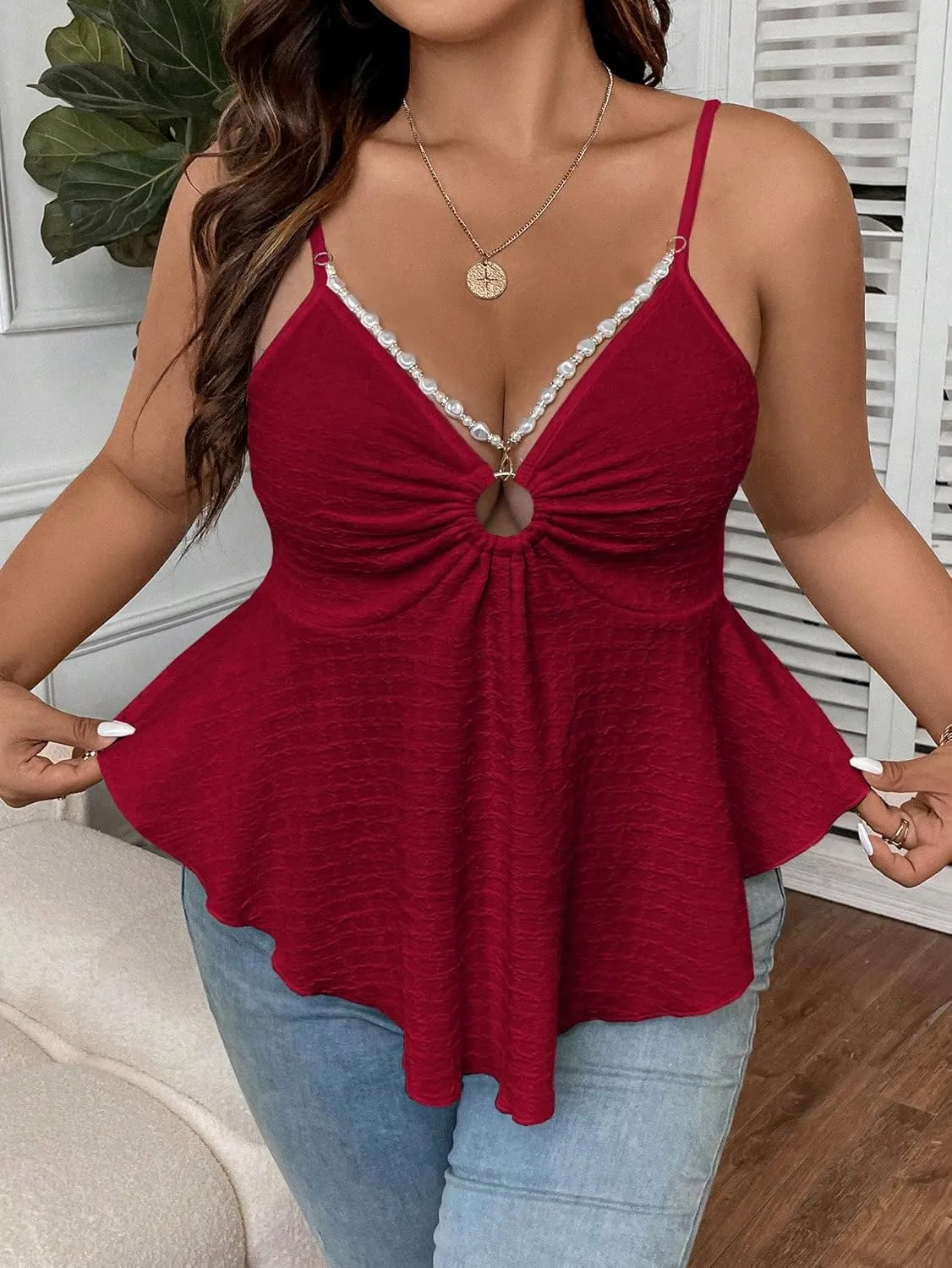 OYOANGLE Women's Plus Size Cami Casual Spaghetti Strap V Neck Asymmetrical Hem Tank Top
