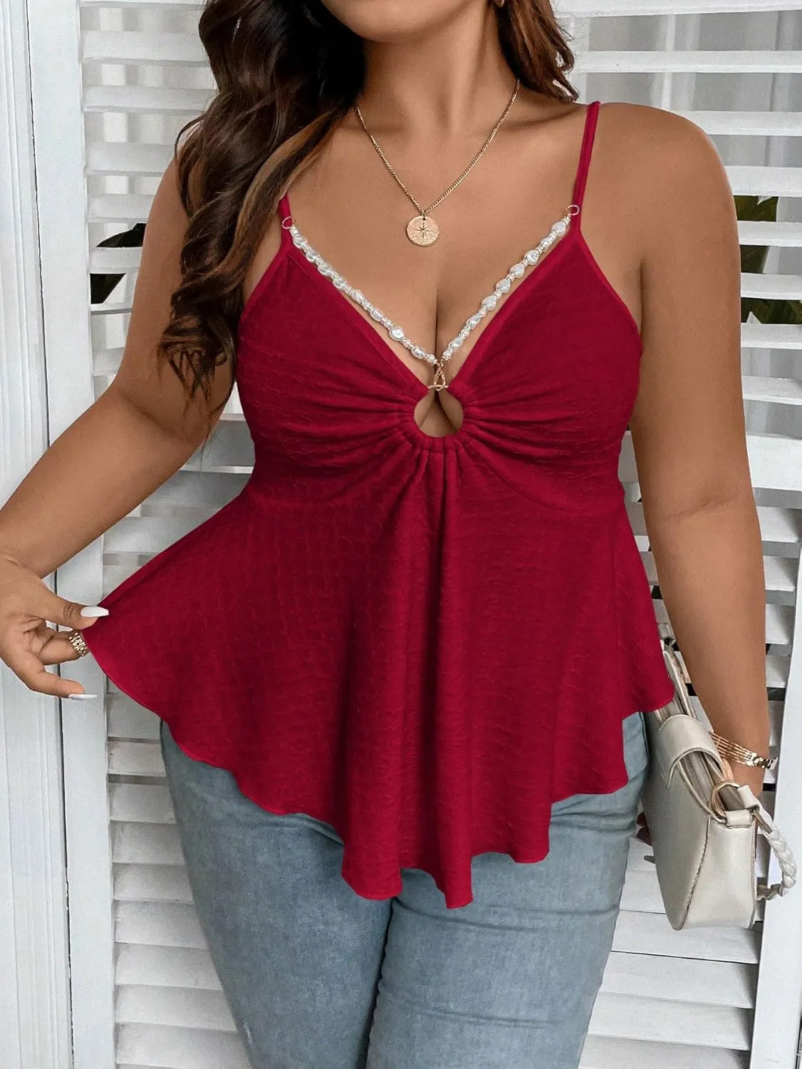 OYOANGLE Women's Plus Size Cami Casual Spaghetti Strap V Neck Asymmetrical Hem Tank Top