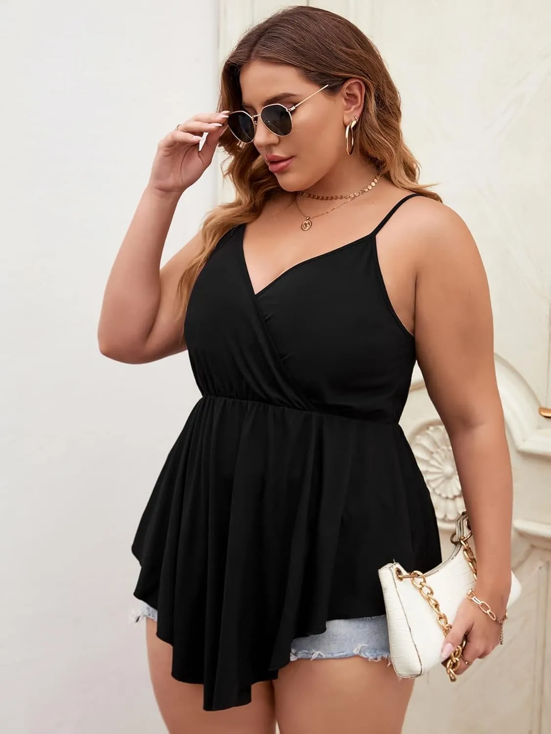 OYOANGLE Women's Plus Size Wrap V Neck Spaghetti Strap Asymmetrical Hem Cami Tank Top