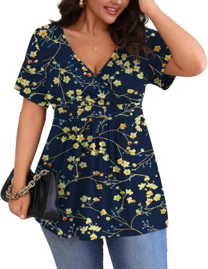 POSESHE Womens Plus Size Tops 2025 Summer Short Sleeves Tunic Tops Casual V-Neck Wrap Shirts Cute Dressy Work Blouses L-4XL