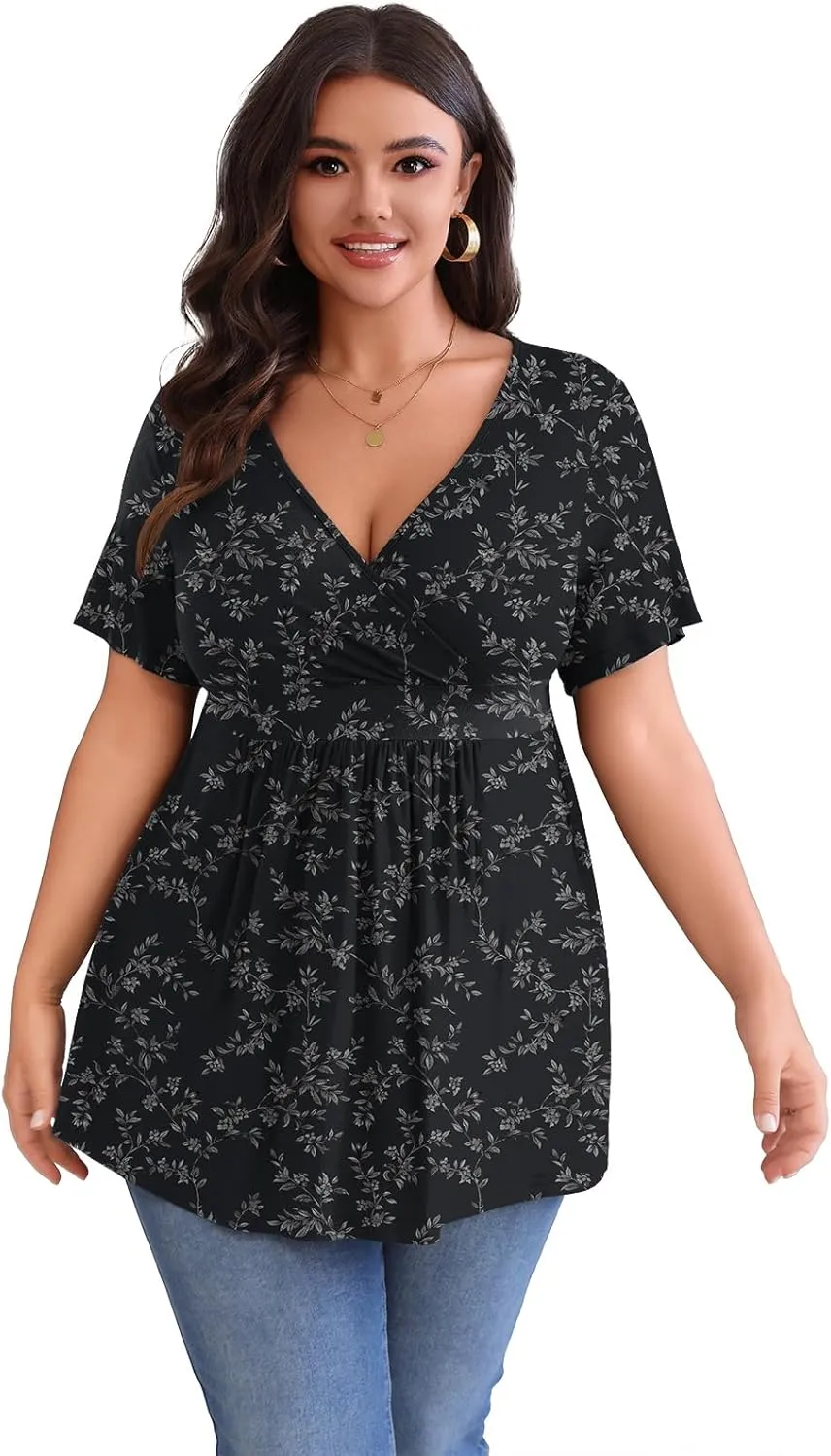 POSESHE Womens Plus Size Tops 2025 Summer Short Sleeves Tunic Tops Casual V-Neck Wrap Shirts Cute Dressy Work Blouses L-4XL
