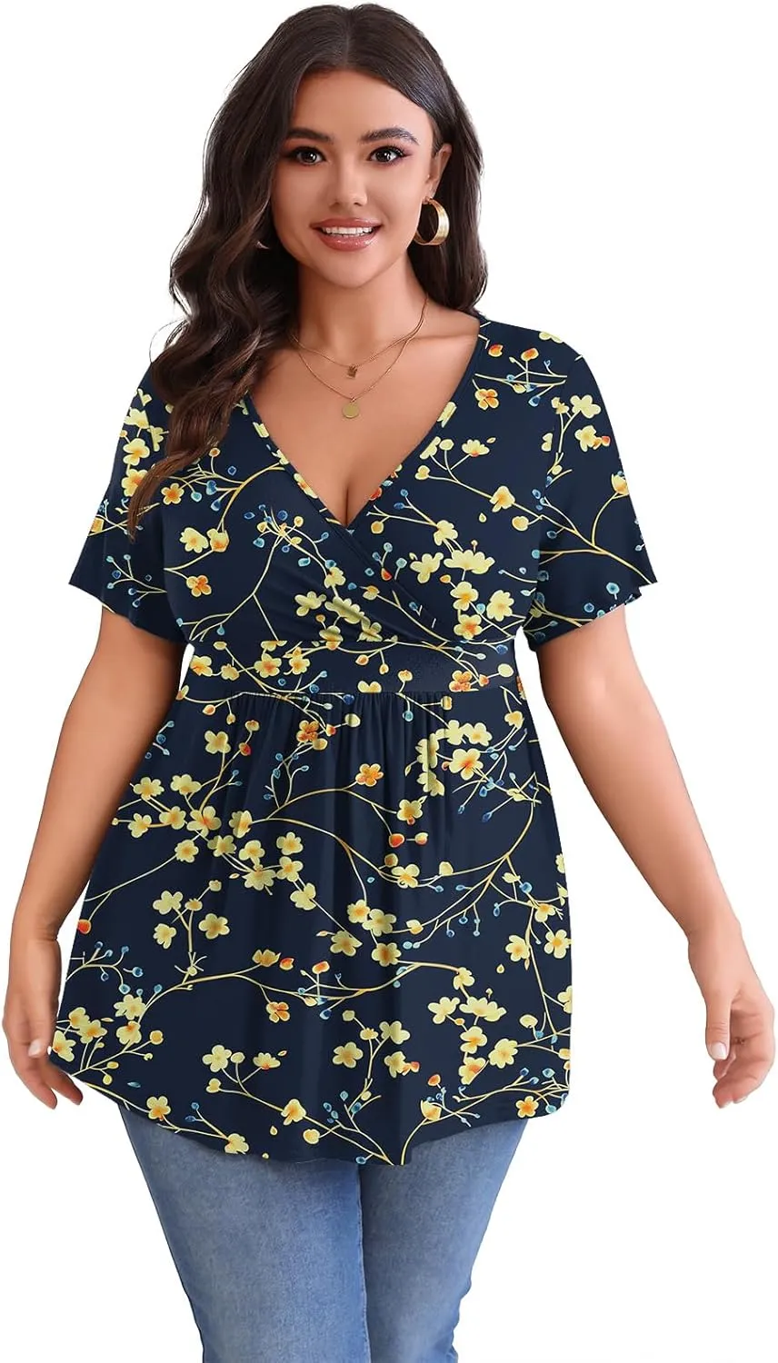POSESHE Womens Plus Size Tops 2025 Summer Short Sleeves Tunic Tops Casual V-Neck Wrap Shirts Cute Dressy Work Blouses L-4XL