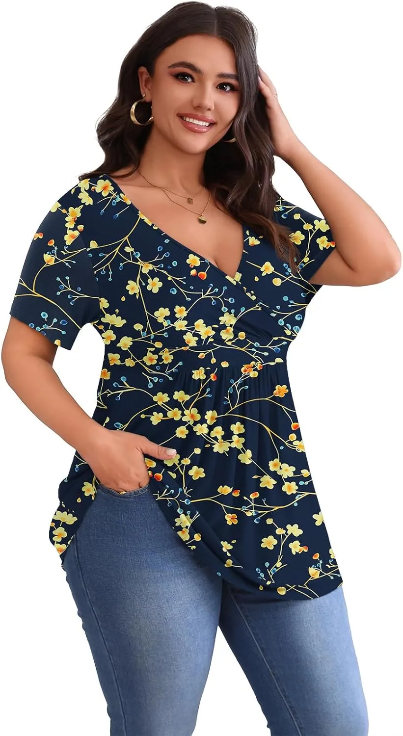 POSESHE Womens Plus Size Tops 2025 Summer Short Sleeves Tunic Tops Casual V-Neck Wrap Shirts Cute Dressy Work Blouses L-4XL