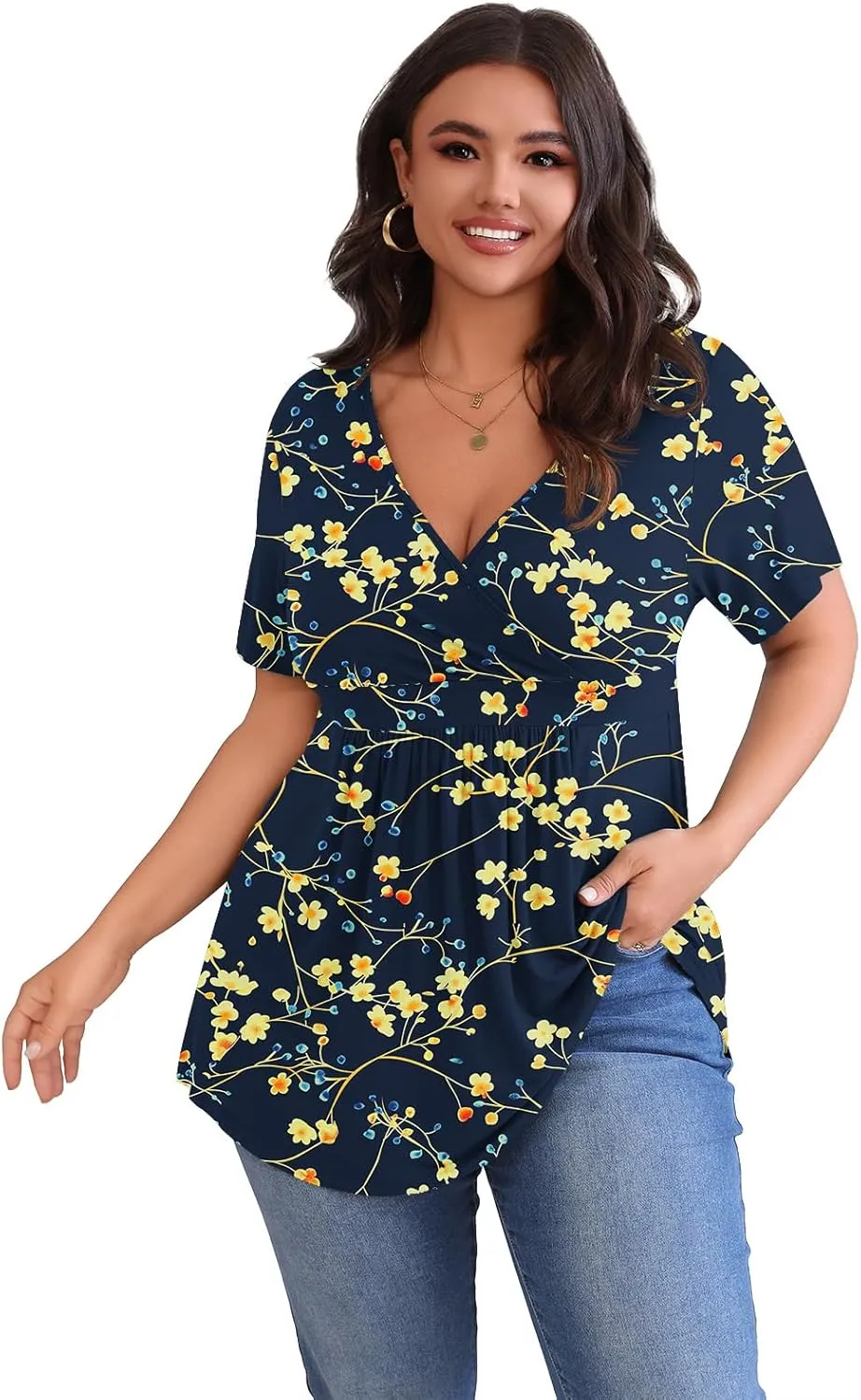 POSESHE Womens Plus Size Tops 2025 Summer Short Sleeves Tunic Tops Casual V-Neck Wrap Shirts Cute Dressy Work Blouses L-4XL
