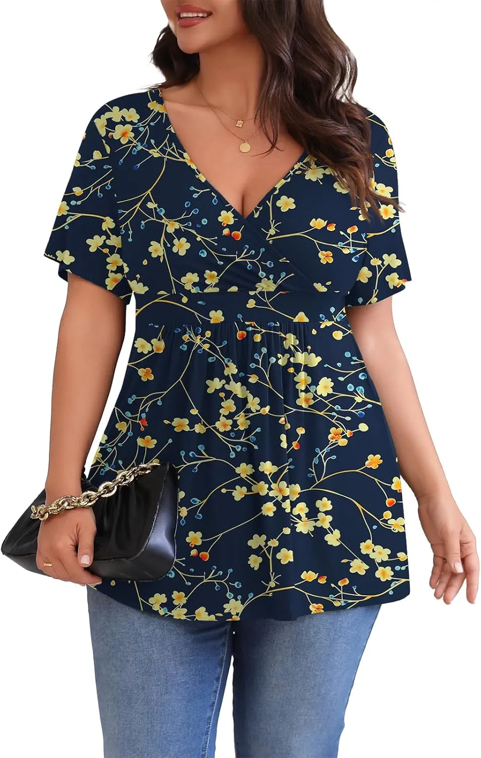 POSESHE Womens Plus Size Tops 2025 Summer Short Sleeves Tunic Tops Casual V-Neck Wrap Shirts Cute Dressy Work Blouses L-4XL