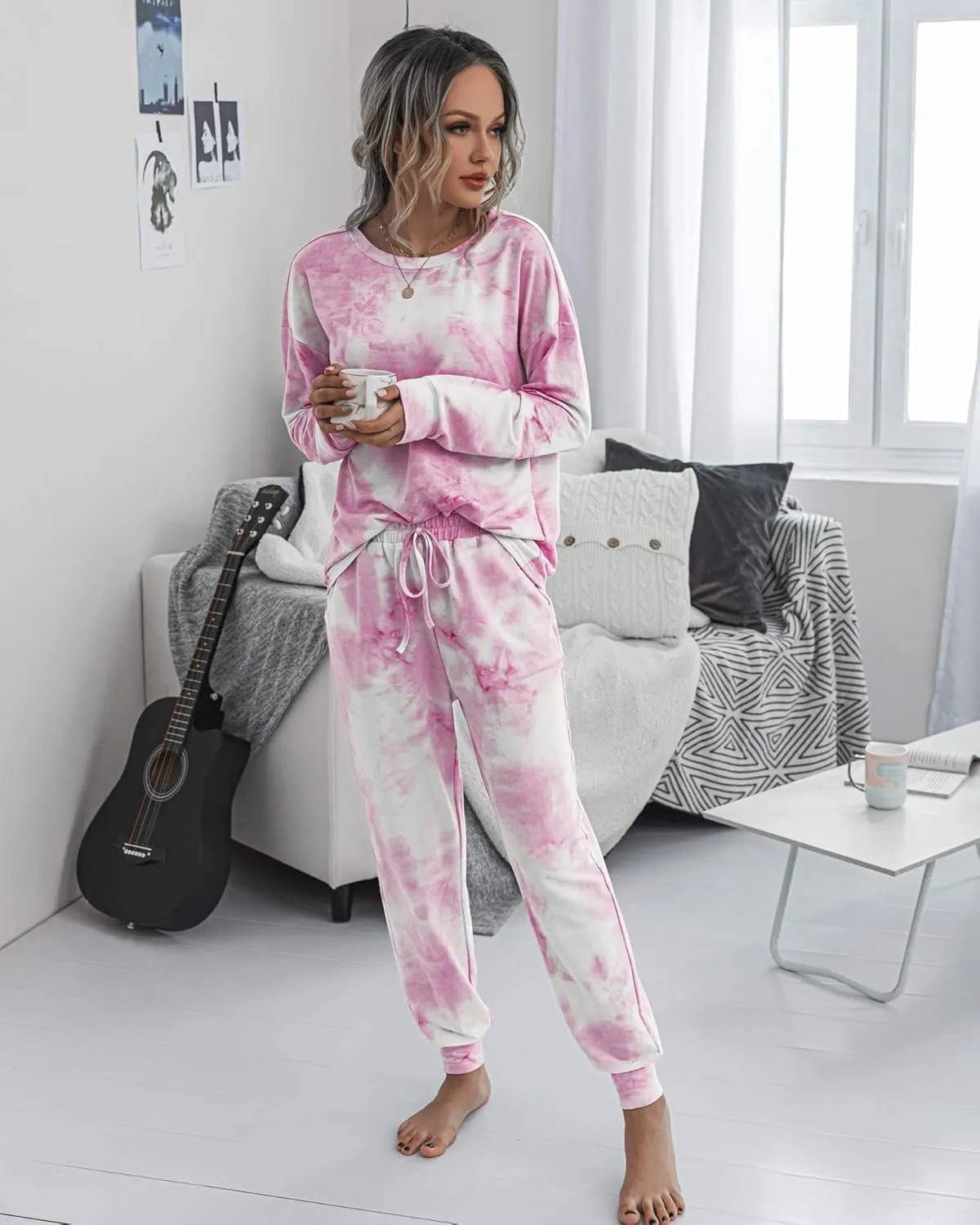 PRETTYGARDEN Women's Tie Dye Two Piece Pajamas Set Casual Long Sleeve Sweatshirt with Long Pants Loungewear