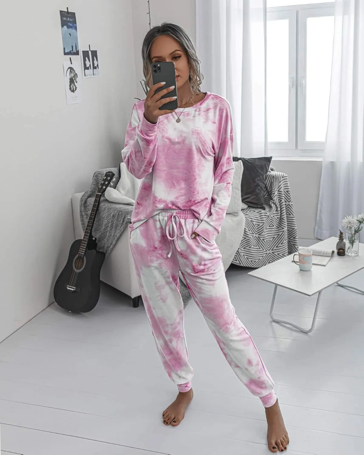 PRETTYGARDEN Women's Tie Dye Two Piece Pajamas Set Casual Long Sleeve Sweatshirt with Long Pants Loungewear