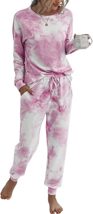 PRETTYGARDEN Women's Tie Dye Two Piece Pajamas Set Casual Long Sleeve Sweatshirt with Long Pants Loungewear