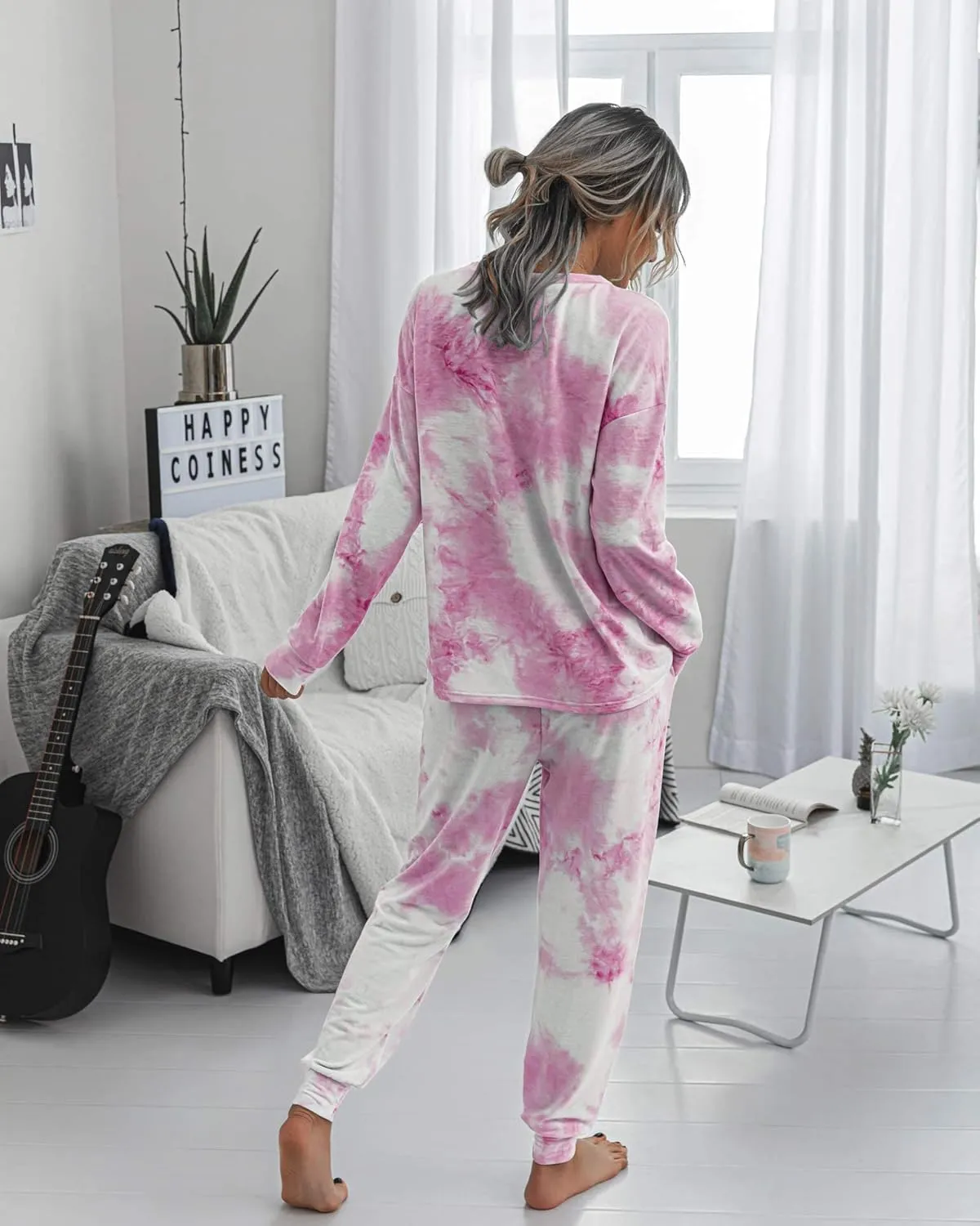 PRETTYGARDEN Women's Tie Dye Two Piece Pajamas Set Casual Long Sleeve Sweatshirt with Long Pants Loungewear