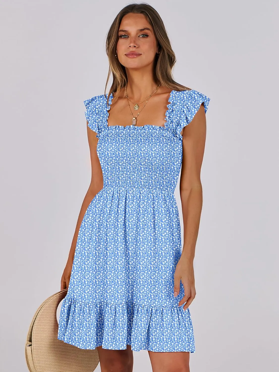 Prinbara Womens Summer Casual Square Neck Smocked Short Sundress 2025 Spring Beach Vacation Flowy Cute Teen Boho Dresses