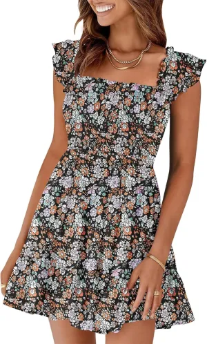 Prinbara Womens Summer Casual Square Neck Smocked Short Sundress 2025 Spring Beach Vacation Flowy Cute Teen Boho Dresses