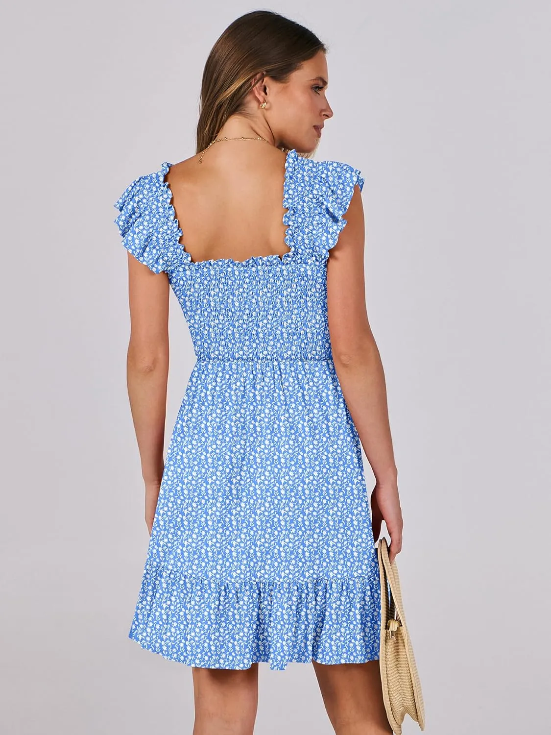 Prinbara Womens Summer Casual Square Neck Smocked Short Sundress 2025 Spring Beach Vacation Flowy Cute Teen Boho Dresses