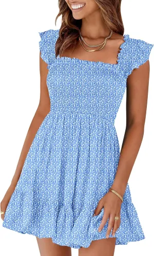 Prinbara Womens Summer Casual Square Neck Smocked Short Sundress 2025 Spring Beach Vacation Flowy Cute Teen Boho Dresses
