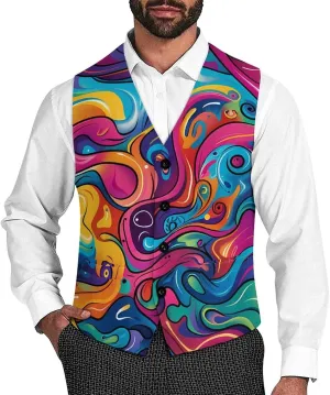 Psychedelic Colorful Pattern Suit Vest for Men Slim Fit Waistcoat Button Up V Neck Business Casual Dress Coat