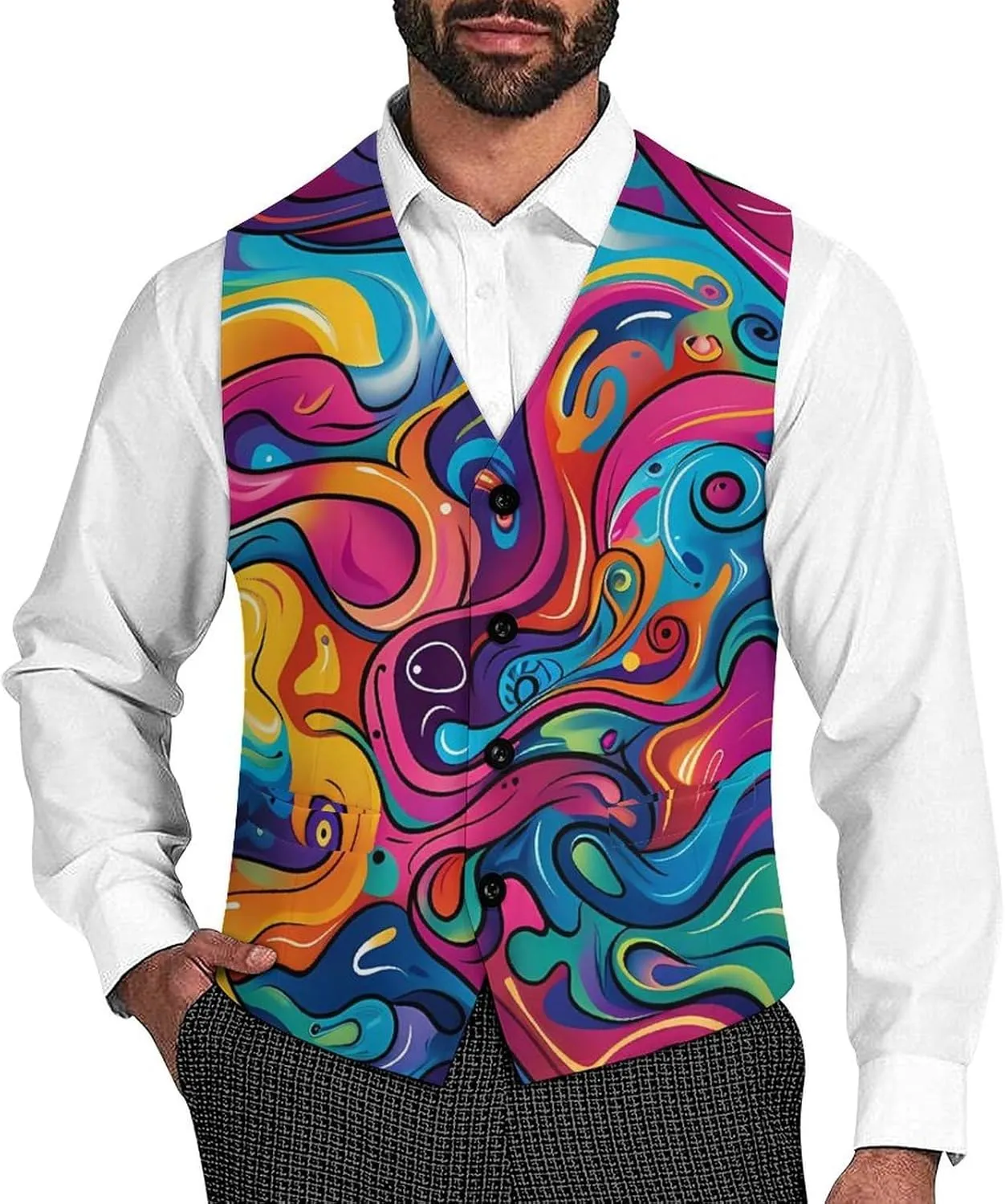 Psychedelic Colorful Pattern Suit Vest for Men Slim Fit Waistcoat Button Up V Neck Business Casual Dress Coat