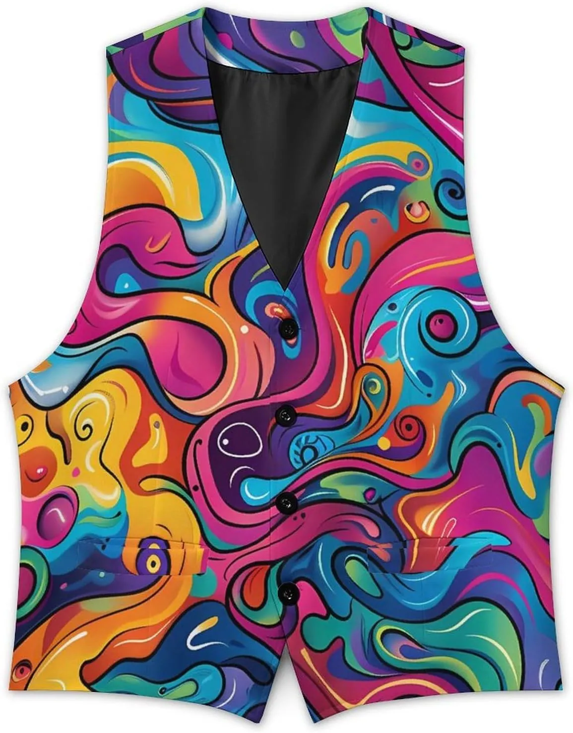 Psychedelic Colorful Pattern Suit Vest for Men Slim Fit Waistcoat Button Up V Neck Business Casual Dress Coat